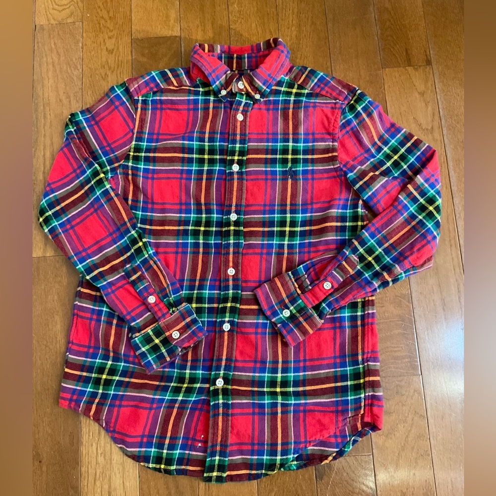 Ralph Lauren Boys Kids Shirt Red Plaid Flannel Cotton Button-down Large